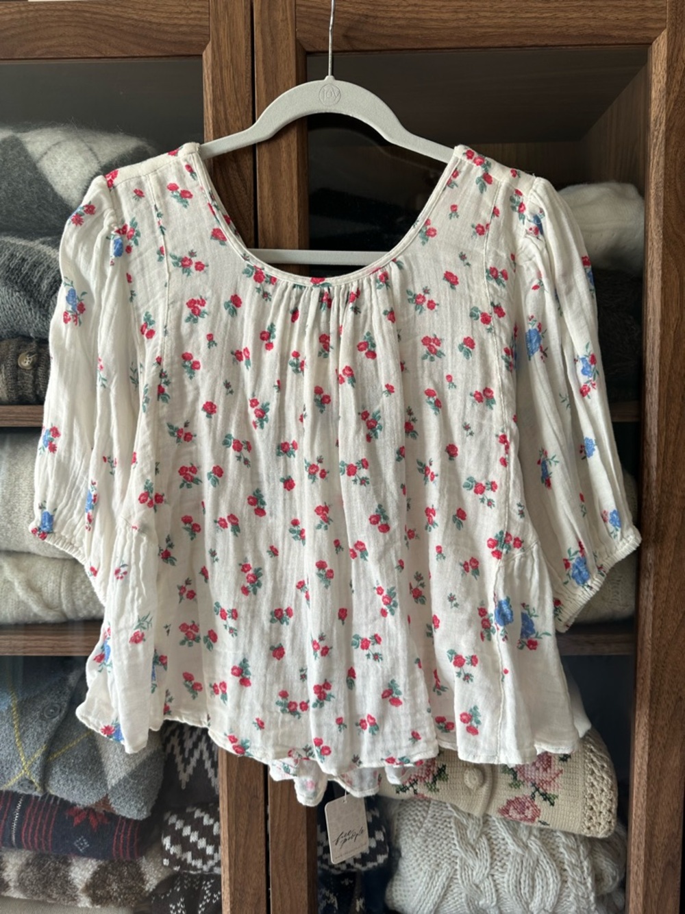 Free People Cream Floral Peasant Blouse with Pink and Blue Flowers